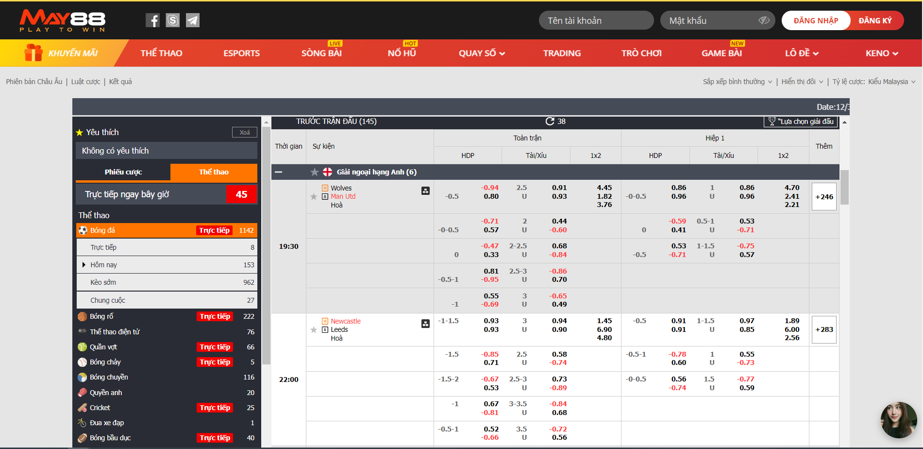 Tỷ lệ kèo cá cược trên May88