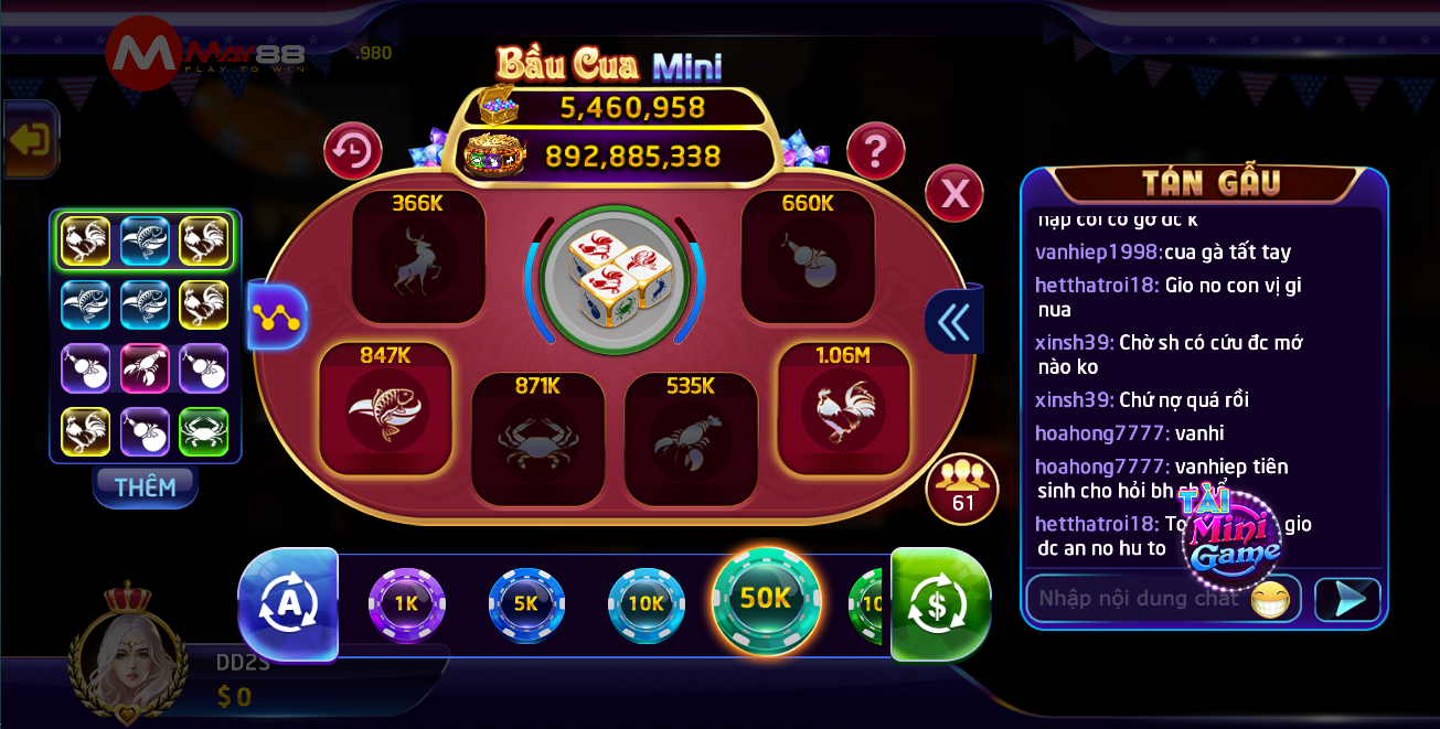 Có thể chọn đặt cược theo người khác khi chơi bầu cua tại May88 VIP