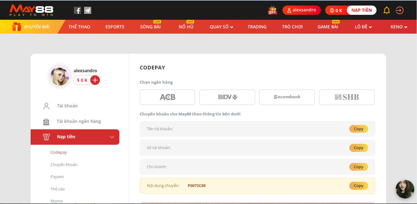 Nạp tiền để chuẩn bị cá cược bóng đá tại May88 VIP