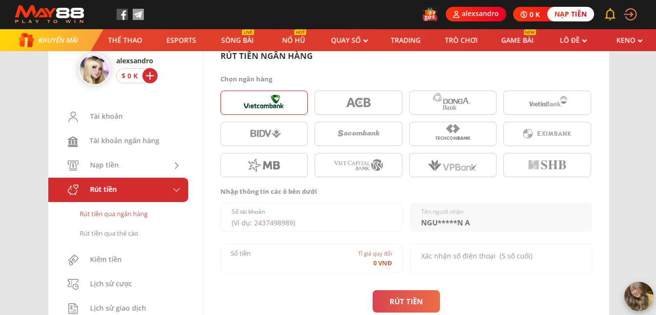 Hướng dẫn cách rút tiền May88 game